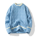 Men's loose grey and blue modal acrylic sports pullover sweater on a hanger.