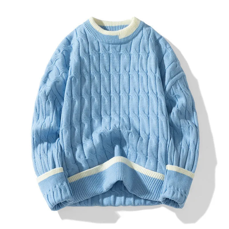 Men's loose grey and blue modal acrylic sports pullover sweater on a hanger.