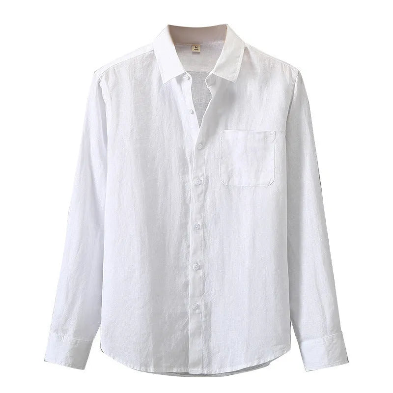 Long sleeve loose fit linen shirt in a solid colour, styled as a Chinese cardigan.