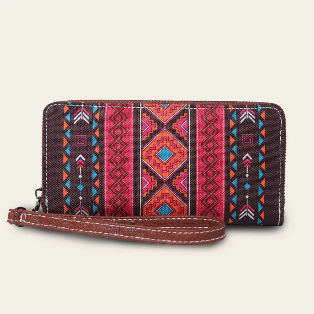 Bohemian stripe pattern canvas RFID wallet in beige, showing anti-theft function and card slots
