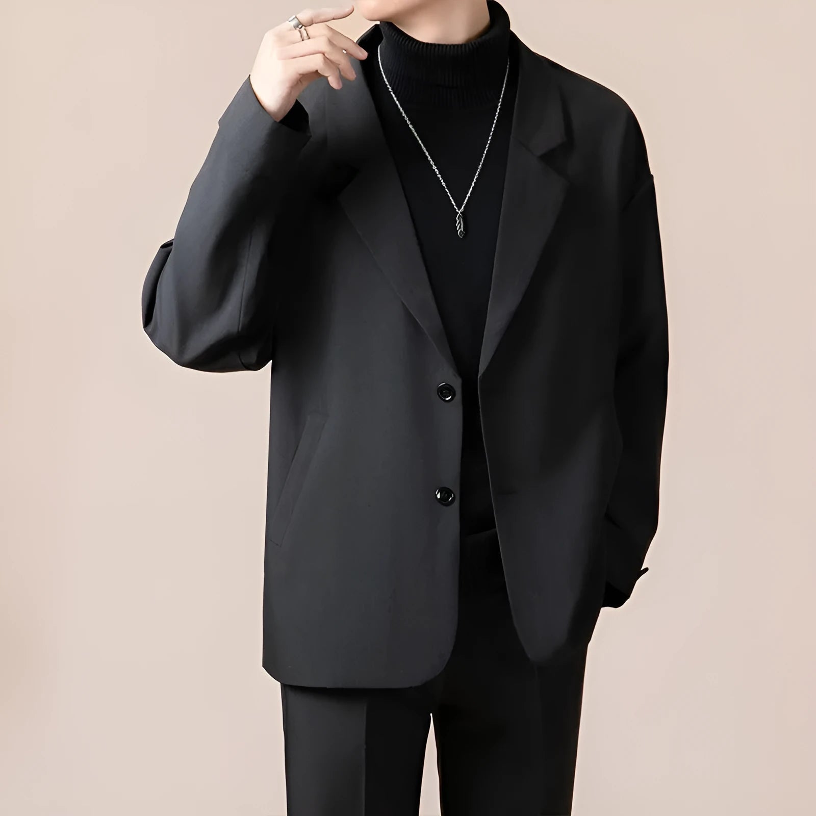 Men's loose casual suit jacket in apricot colour with long sleeves and regular length