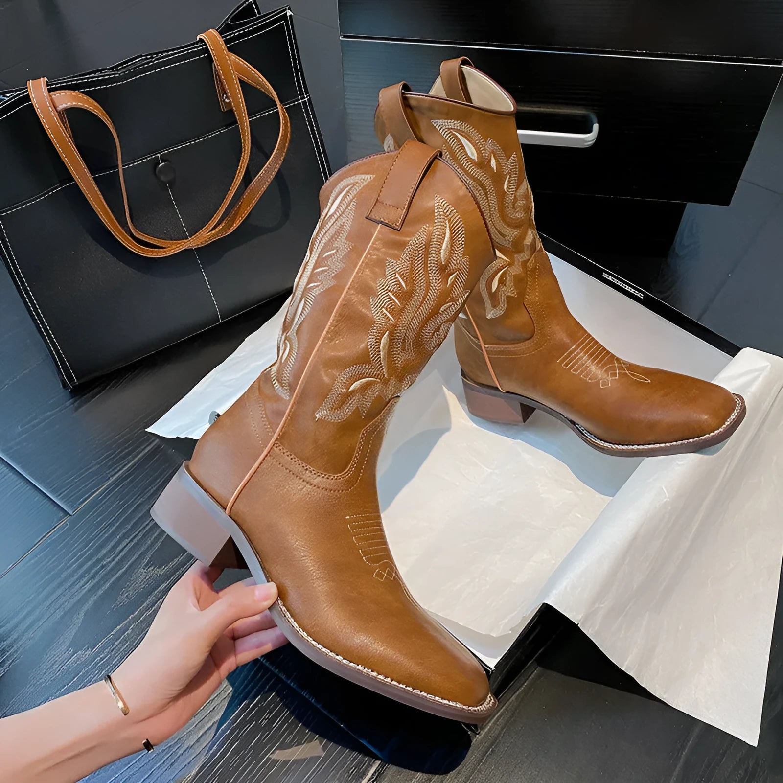 Brown women's mid-calf Martin boots with embroidery pattern and square heel