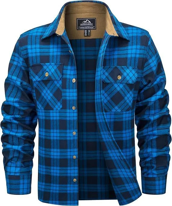 Men's casual plaid button shirt in cardigan style for winter, available in multiple colours.