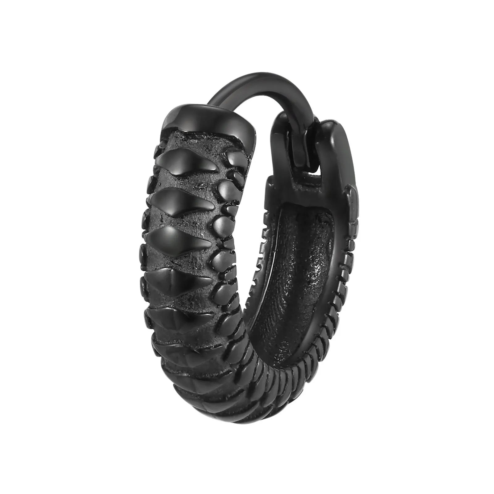 A pair of stainless steel earrings with a raised snake pattern texture in a black or gold finish.