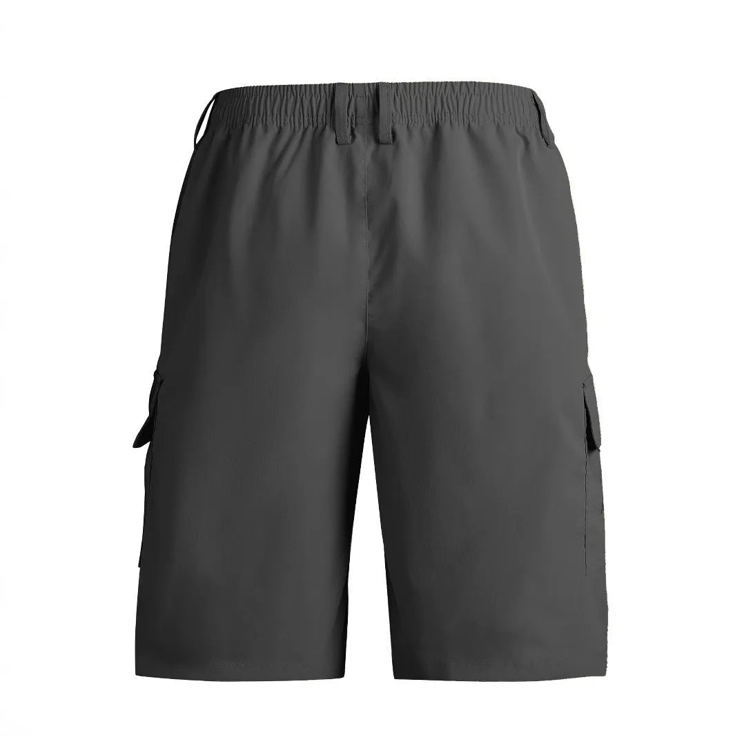 Loose straight-leg casual shorts in blue, American sport style, made from polyester fabric.
