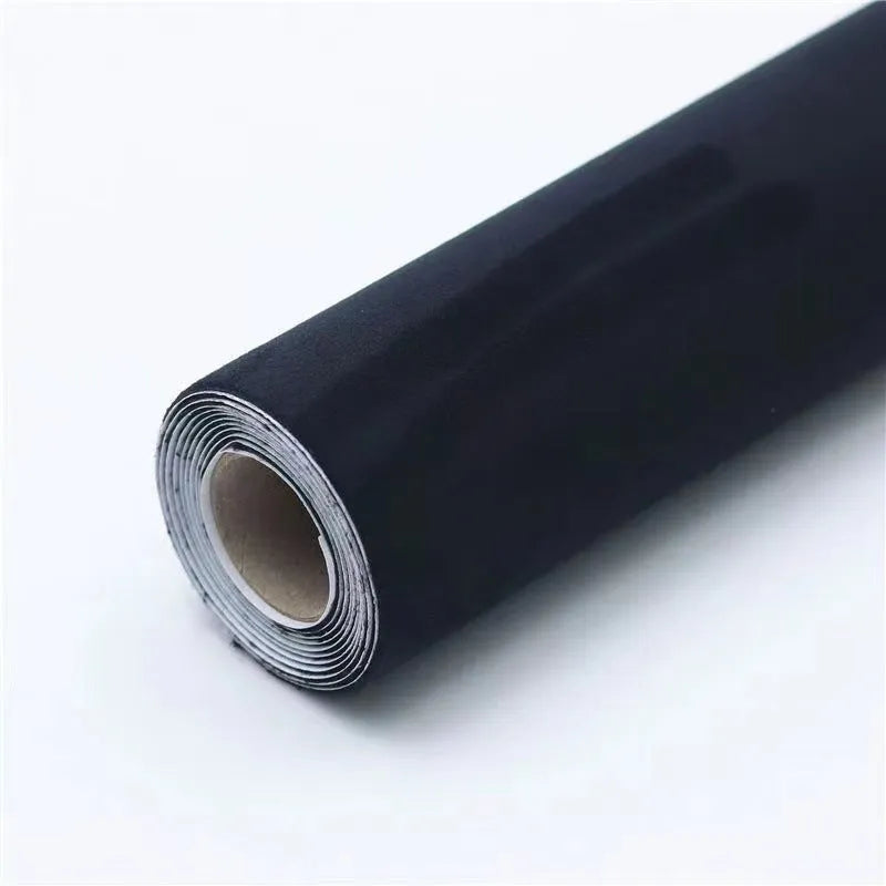 Self-adhesive leather suede sheet roll in multiple colour swatches showing black, brown, blue, and red.