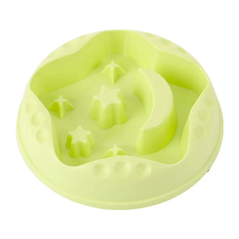 Moon Star Wings slow feed dog bowl with interior ridges and non-slip base in assorted colours.