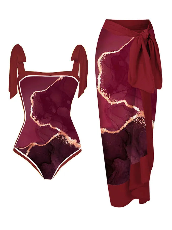 Women's printed chiffon two-piece swimsuit set with matching hip skirt