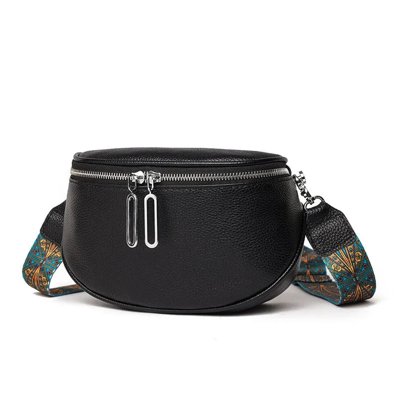 Women's soft PU leather messenger bag in saddle shape with crossbody strap and outer pocket