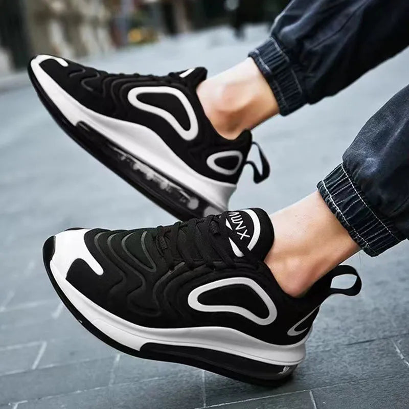 Men's black air cushion sneakers with artificial PU upper, plastic sole, and lace-up design for outdoor running