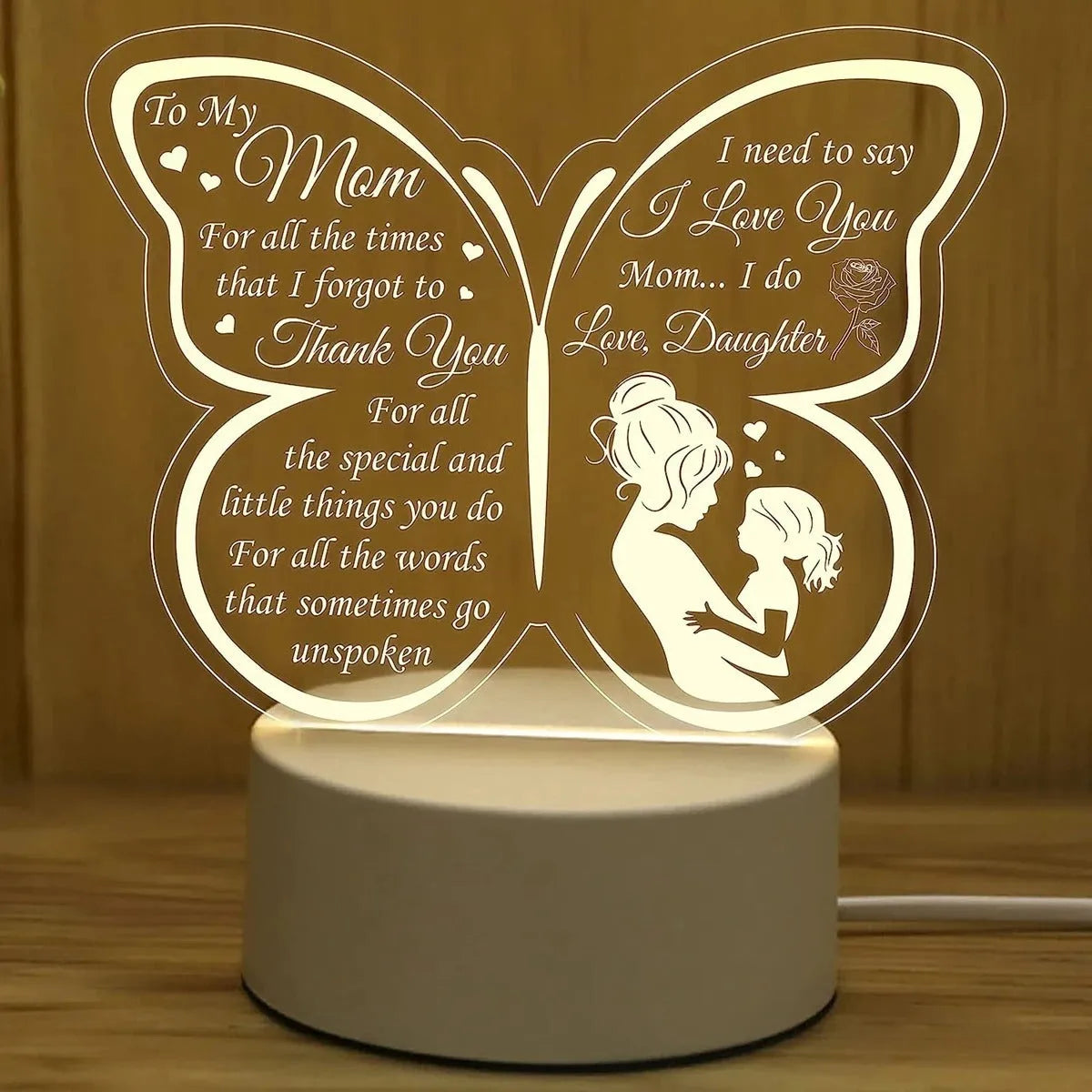 Heart-shaped acrylic table lamp with touch dimmer control and USB cable