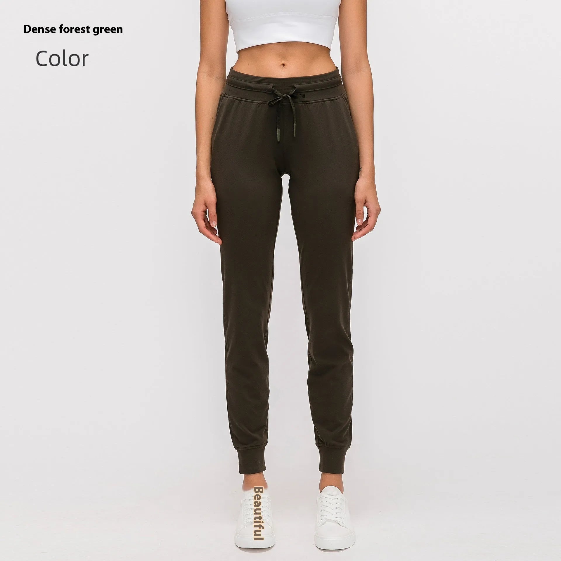 Women's high-waist yoga pants with drawstring waistband in distilled coffee colour, suitable for fitness.