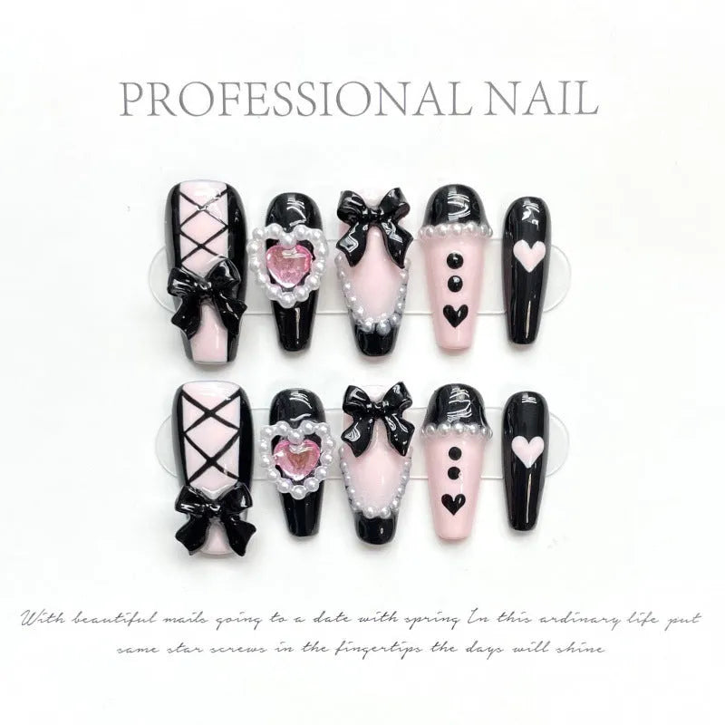 Black and pink heart hand-painted detachable manicure set with bow design in four sizes XS S M L