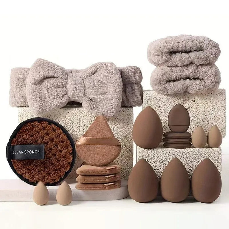 Beauty tool set with hydrophilic non-latex sponges in brown, pink and purple colour options