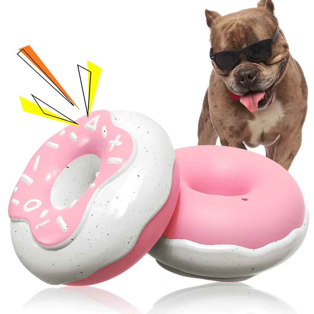 TPR molar teeth cleaning donut dog toy with squeaker in pink, yellow or chocolate colours