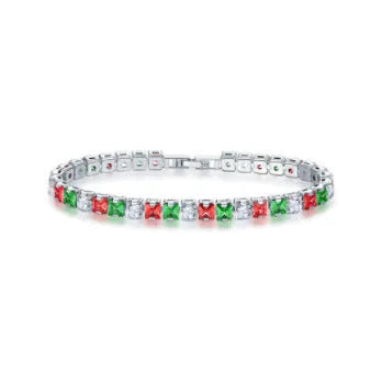 Electroplated real platinum women's square zircon bracelet with gang drill details in assorted colours.