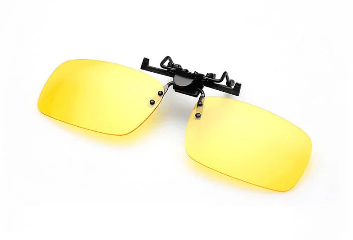 Clip-on sunglasses for prescription glasses in large and small PC frame sizes with grey, green, and night vision lenses