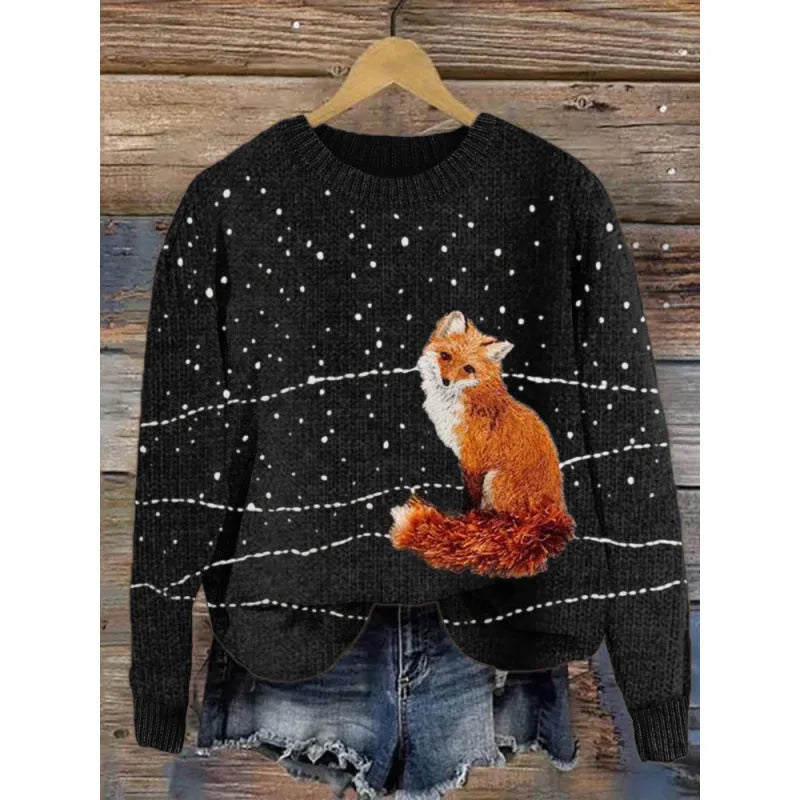 Women's round neck sweater with a small digital floral print in a solid colour.