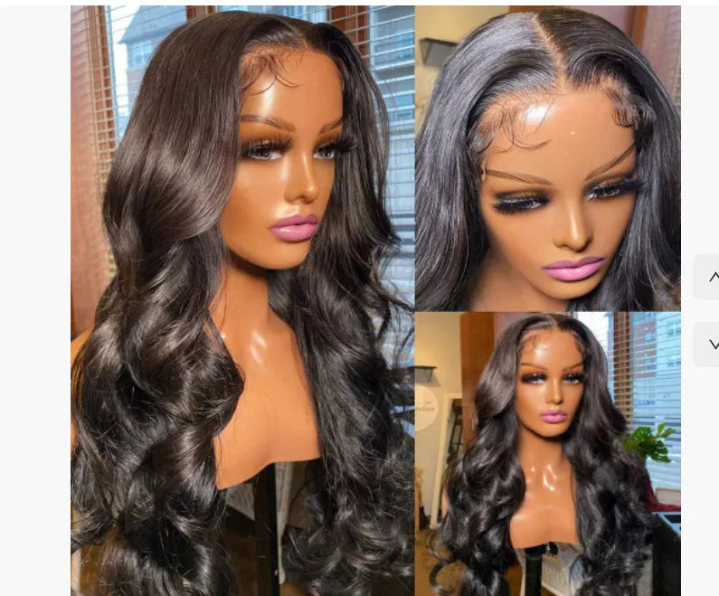 A black synthetic wig with long, medium-large waves, shown on a mannequin head.