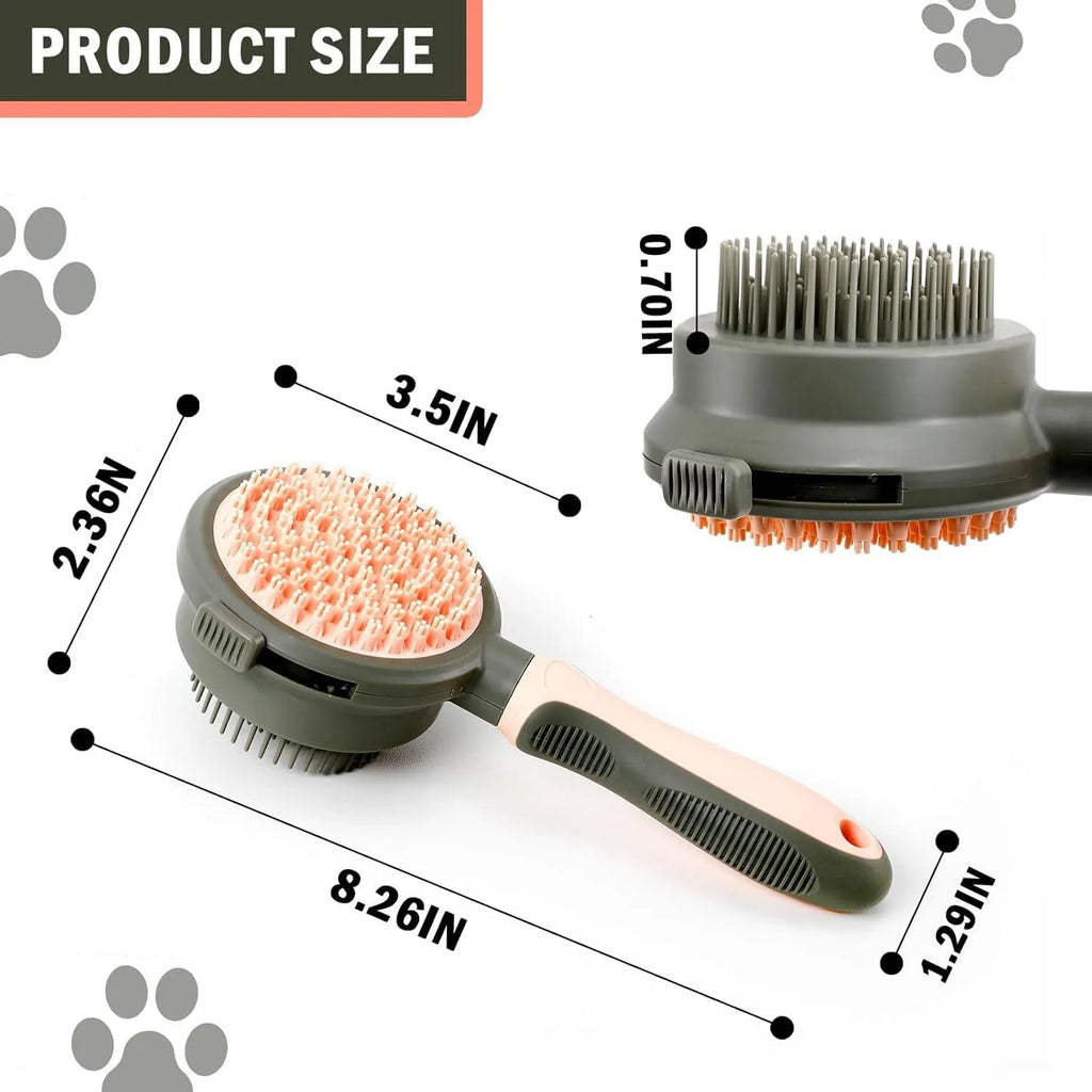 Double sided pink cat brush with release button and flea comb for pet grooming