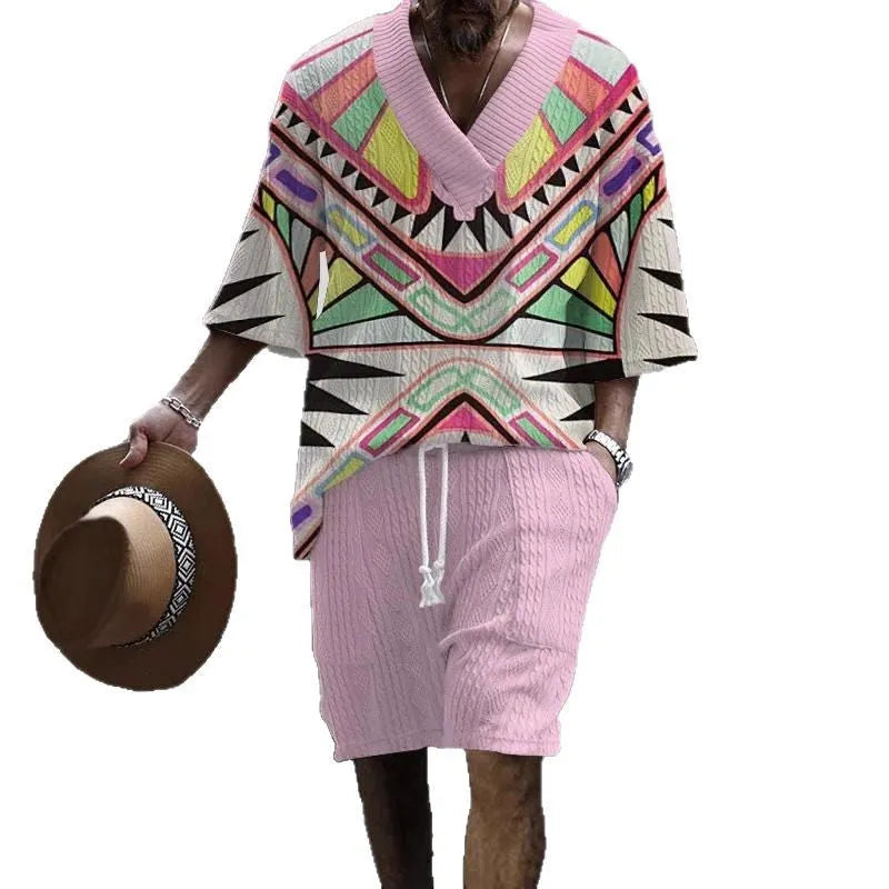 Men's casual short sleeve suit set with loose-fitting top and elastic waist shorts in solid colour