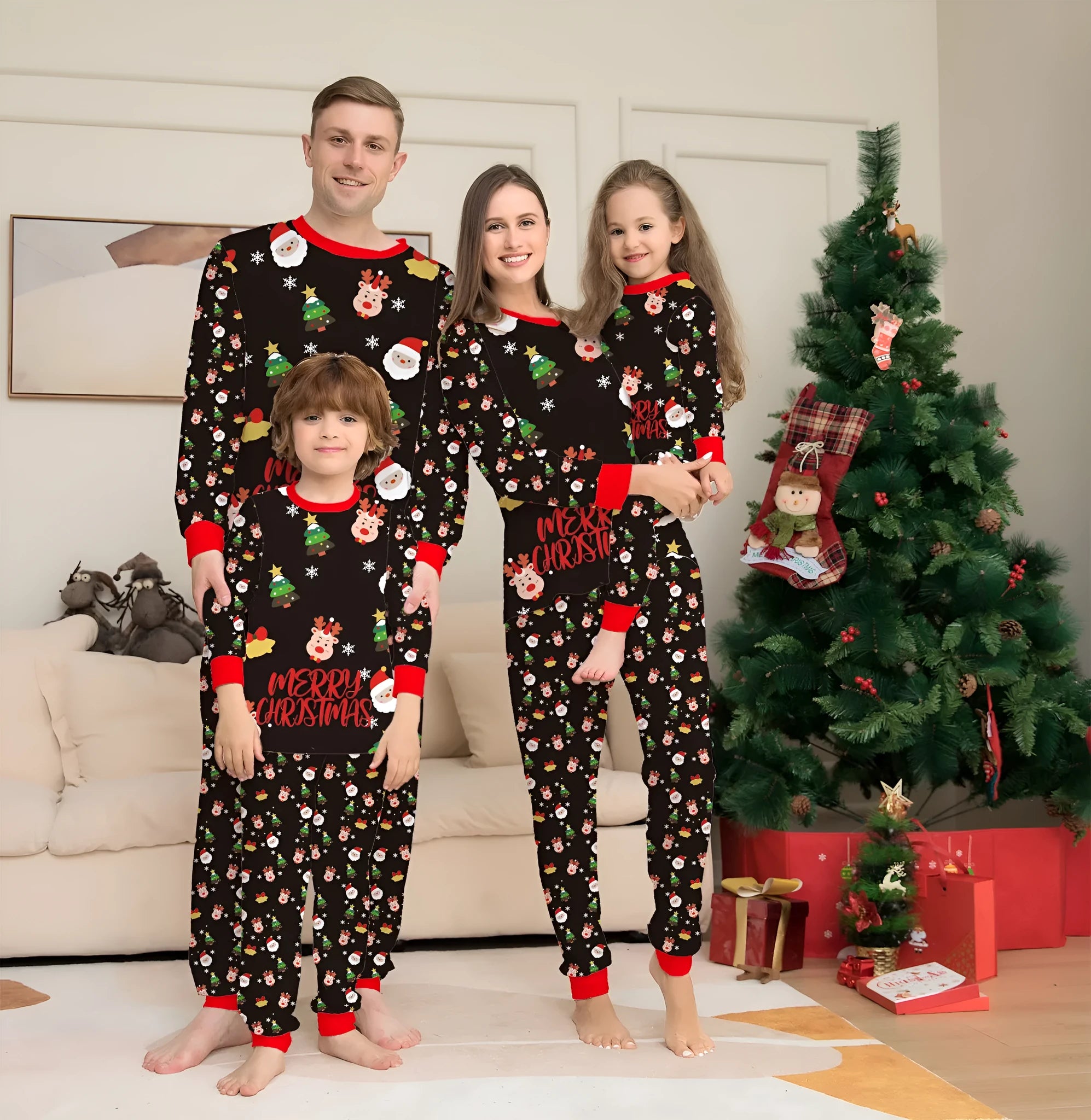 Family wearing matching red plaid Christmas pyjamas set, including adults, children, and a dog.