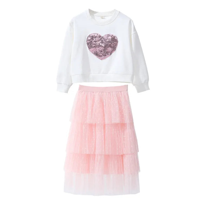 Girl's Sequin Love pullover two-piece cotton skirt set in white and red, suitable for height 110cm to 160cm
