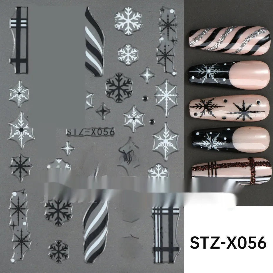 Plastic sheet of black, silver, and cartoon design nail art stickers for DIY manicures.