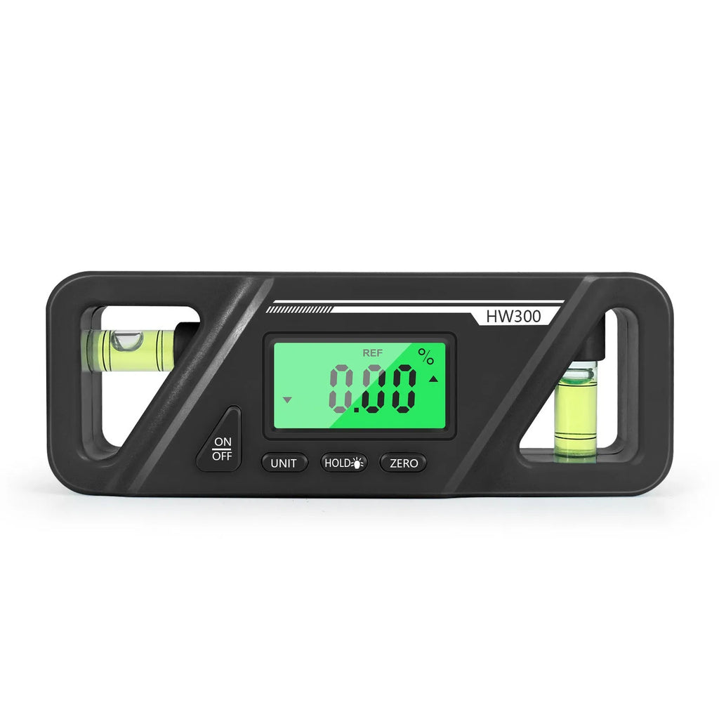 HW300 series digital magnetic inclinometer level meter showing angle display on metal surface