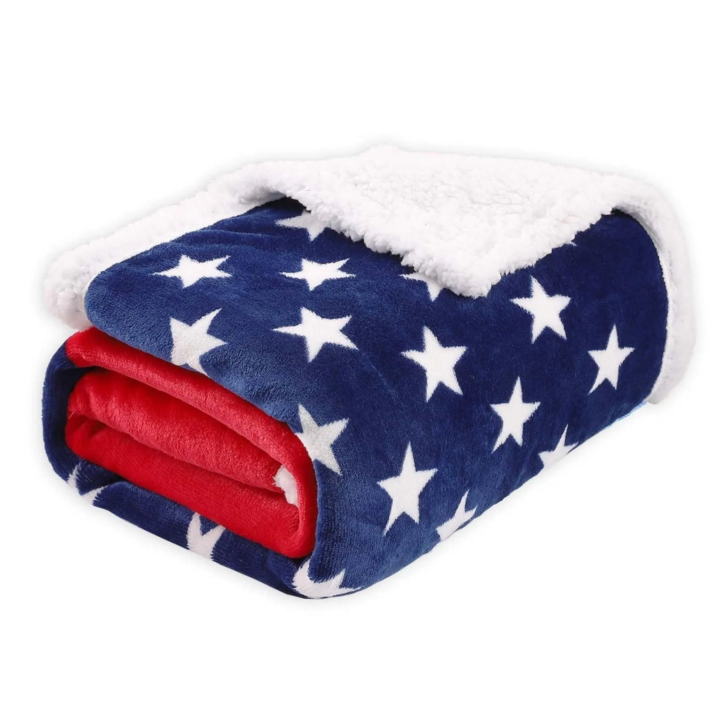 British style striped polyester blanket in vacuum shrink packaging showing size options.