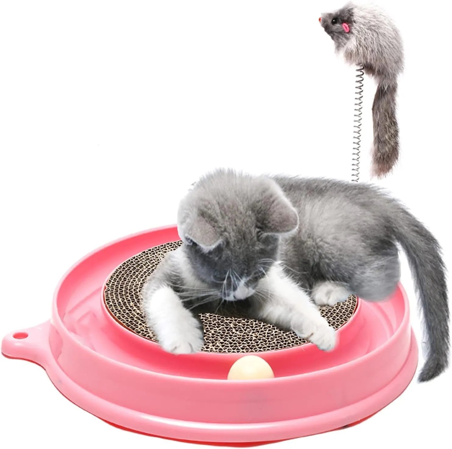 Blue circular cat scratcher with ball track and replaceable centre scratching pad