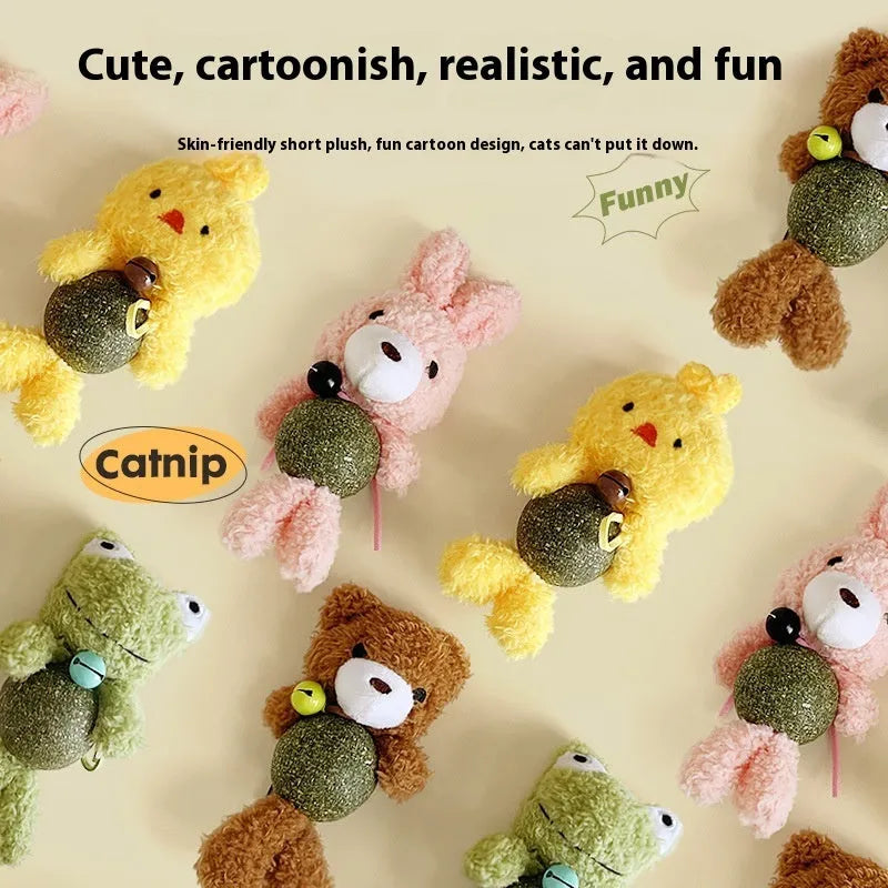 Plush catnip ball toy in brown bear design with a bell, showing soft texture and size.