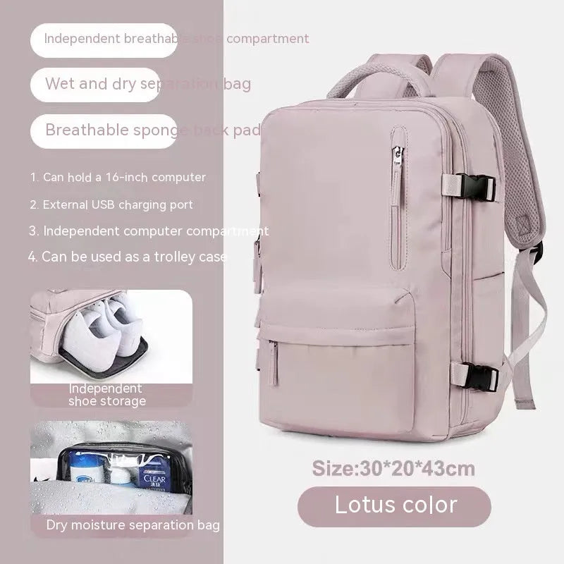 Large black nylon mummy-style travel backpack with a waterproof lining.