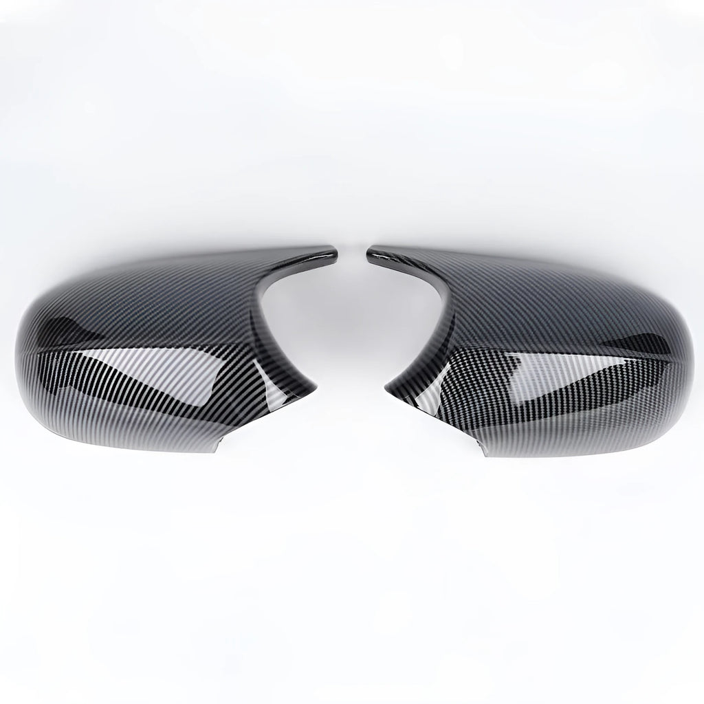 Pair of black ABS plastic rearview mirror housings for BMW 3 Series E90 model.