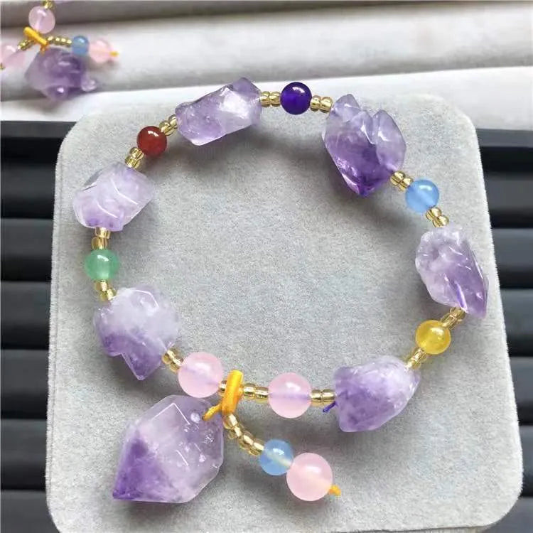 Natural shaped amethyst bracelet with fu character charm for women's jewellery