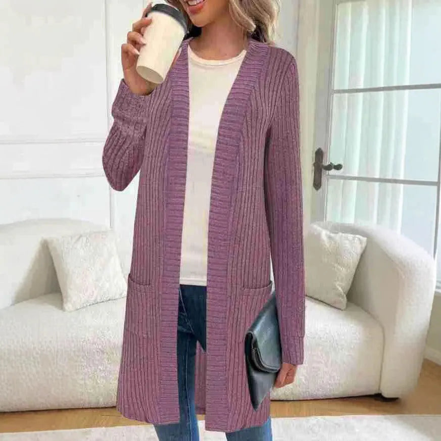 Long sleeve loose pocket cardigan jacket in polyester, shown in black, wine red, or grey.