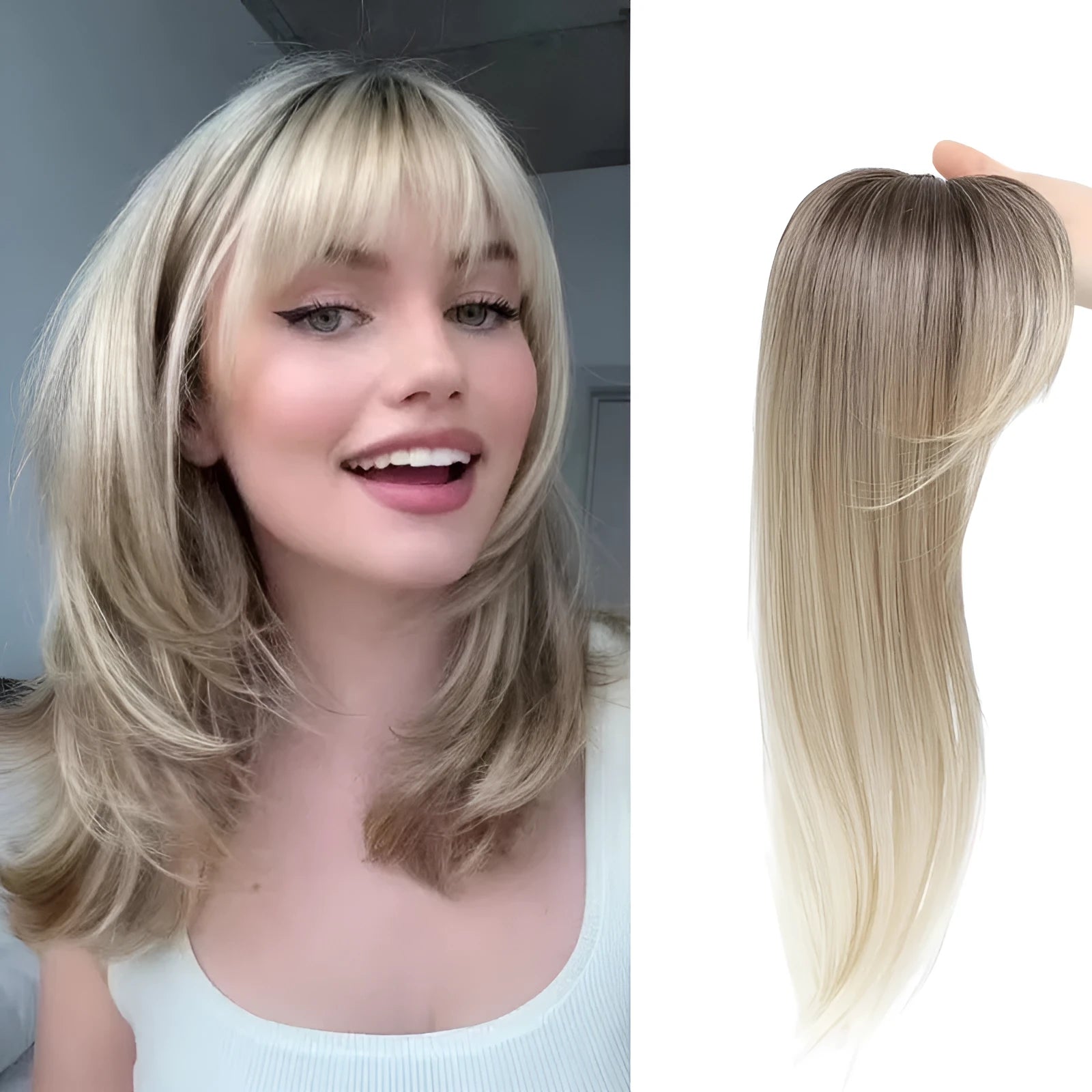 Synthetic hair clip-in wig with inner buckle fastening, shown in one of six available style colour options.