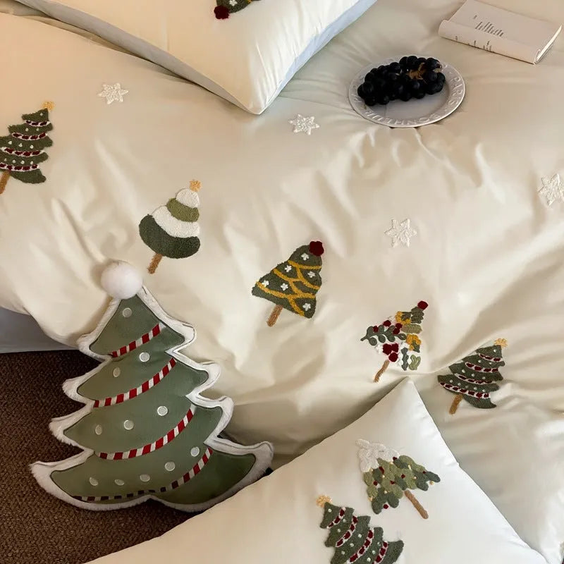 Christmas tree towel embroidery on pure cotton four-piece bedding set in cream blue or green colours