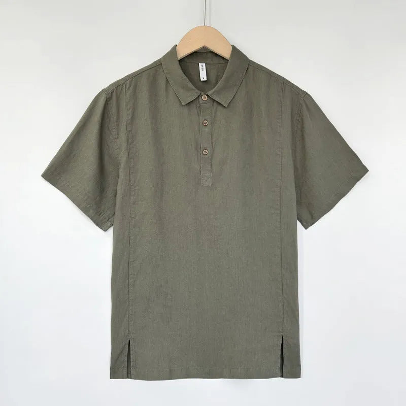 Men's light linen summer top with thin lapels and short sleeves in loose fit