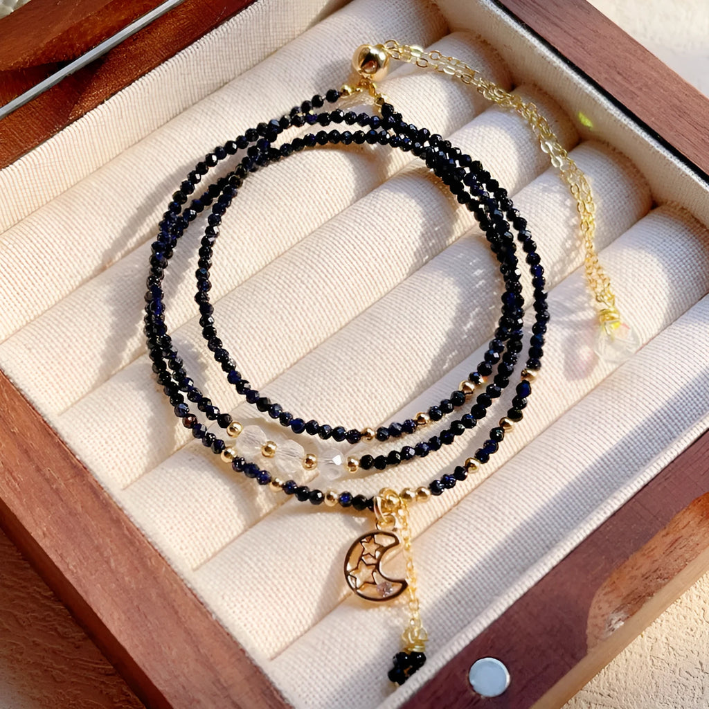 Blue sand three-ring women's bracelet with multi-layer design and gold-toned accents