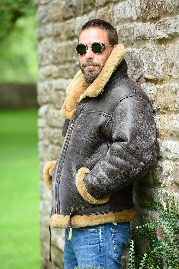 Men's brown synthetic fur coat with vintage styling and medium length design