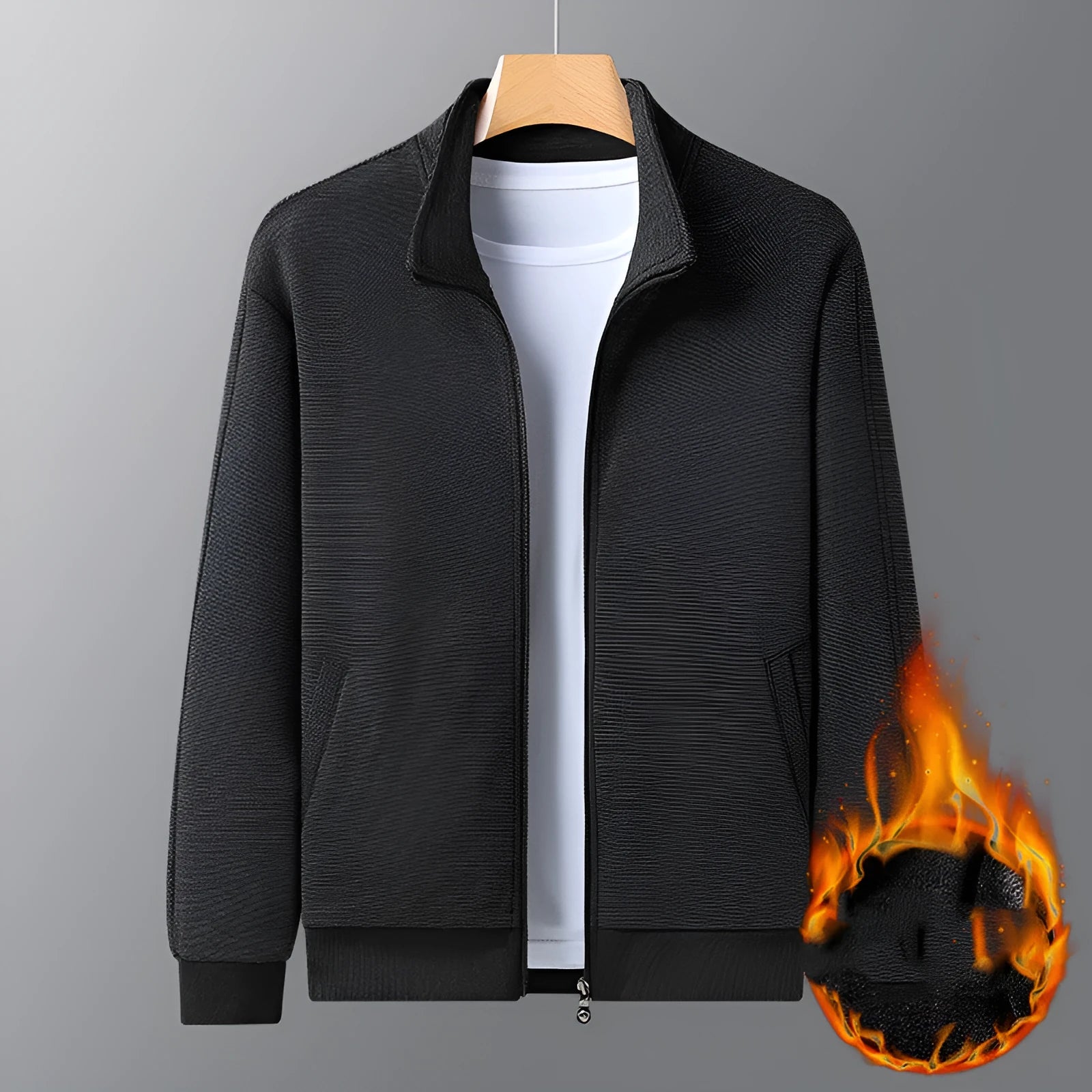 Men's black casual zip-up jacket with a stand-up collar on a hanger