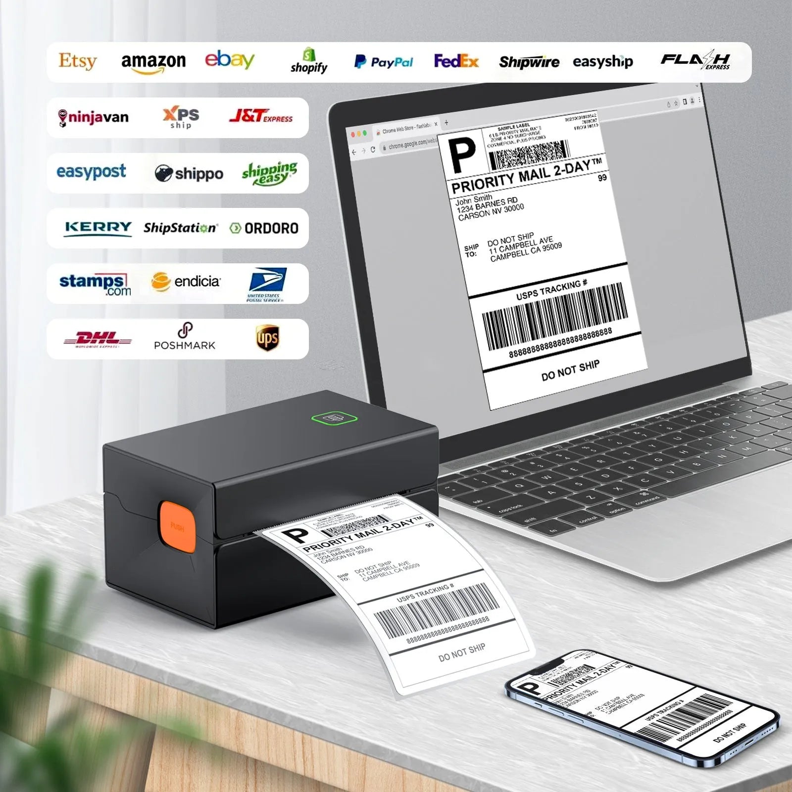 Black thermal label printer with USB interface for express order printing, 2kg weight