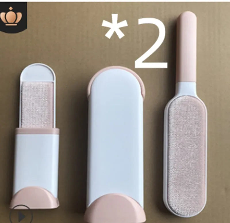 Reusable pet hair removal brush with double-sided roller and self-cleaning base