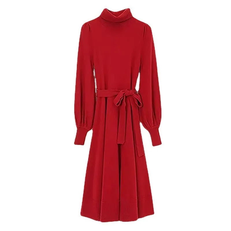 Women's rose red turtleneck long sleeve knit dress with elastic waist and loose mid-length skirt.