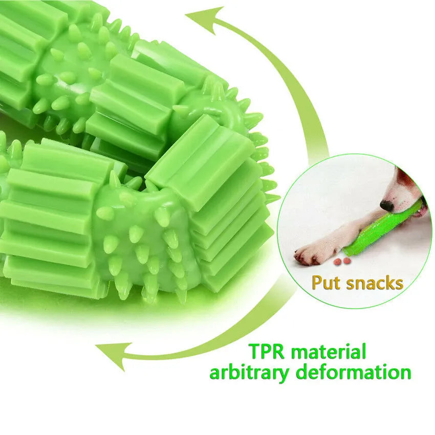 Green and orange natural rubber dog chew toy with treat-dispensing hole for aggressive chewers.