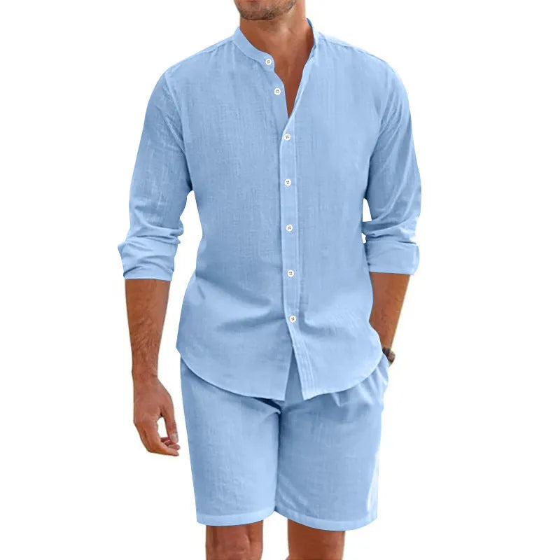 Men's linen-blend casual suit with short-sleeve button shirt and drawstring shorts.