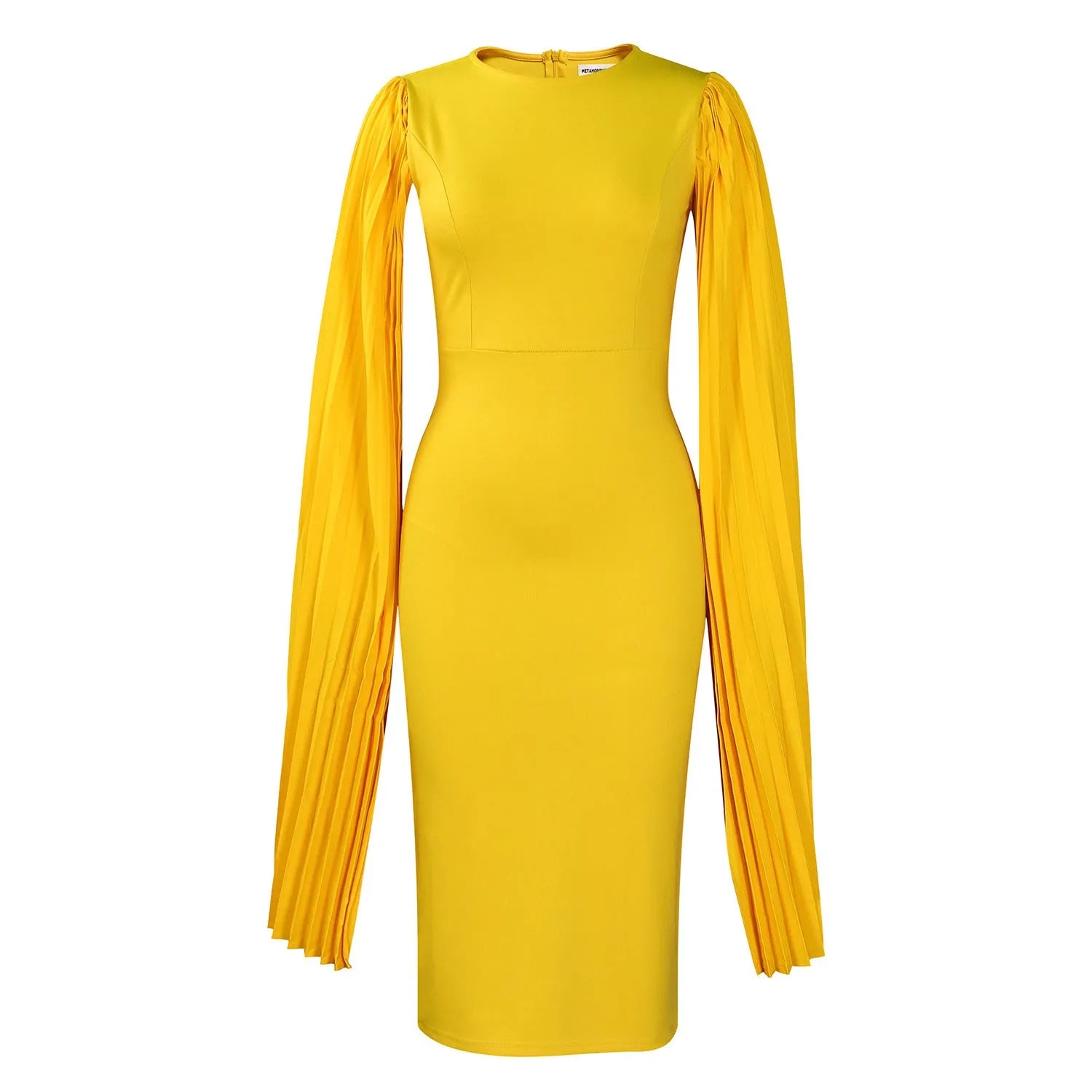 Yellow women's long sleeve evening gown with high waist and a pleated shawl draped over the shoulders.