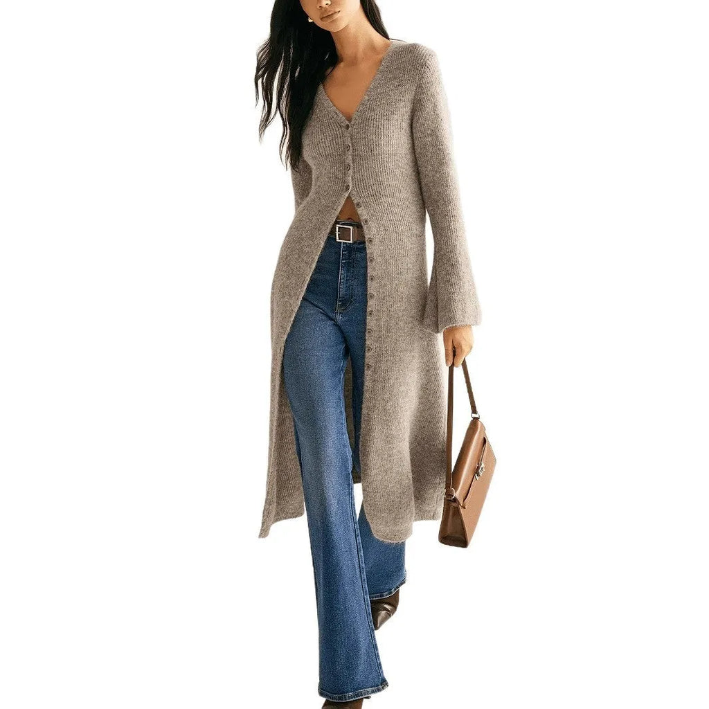 Khaki French retro long sleeve cardigan with button front on a model.
