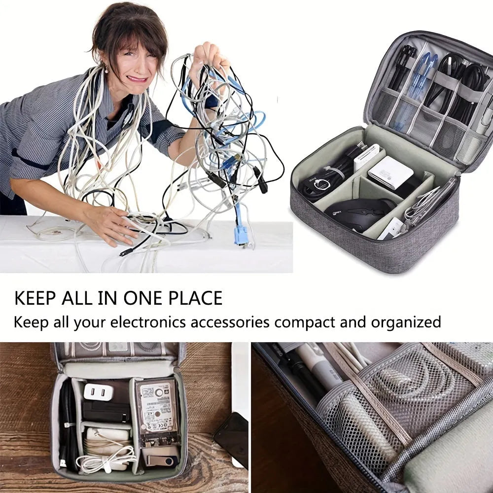 Black waterproof electronics organiser bag open, showing mesh pockets, elastic loops and removable dividers.